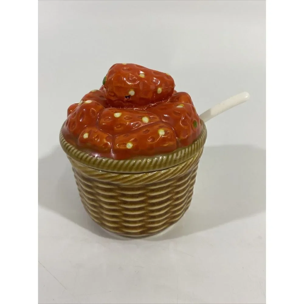 Vintage Ceramic Strawberry Sugar Bowl Jelly Jam Jar w/Lid & Spoon Japan 4.25”‎